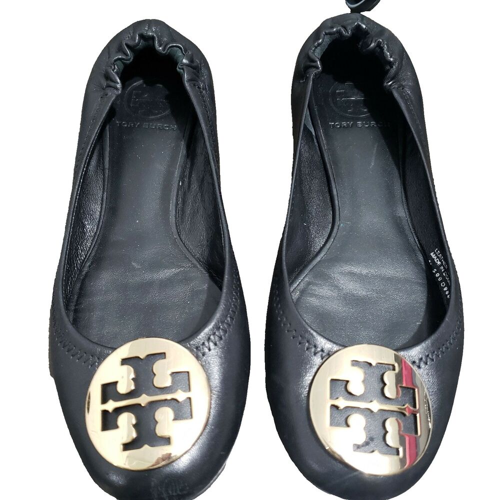 Tory Burch Black Flat Shoes Gold Logo 8M - Picture 3 of 12